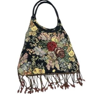 Vintage Prezzo Beaded Fringe Floral Tapestry Boho Shoulder Bag